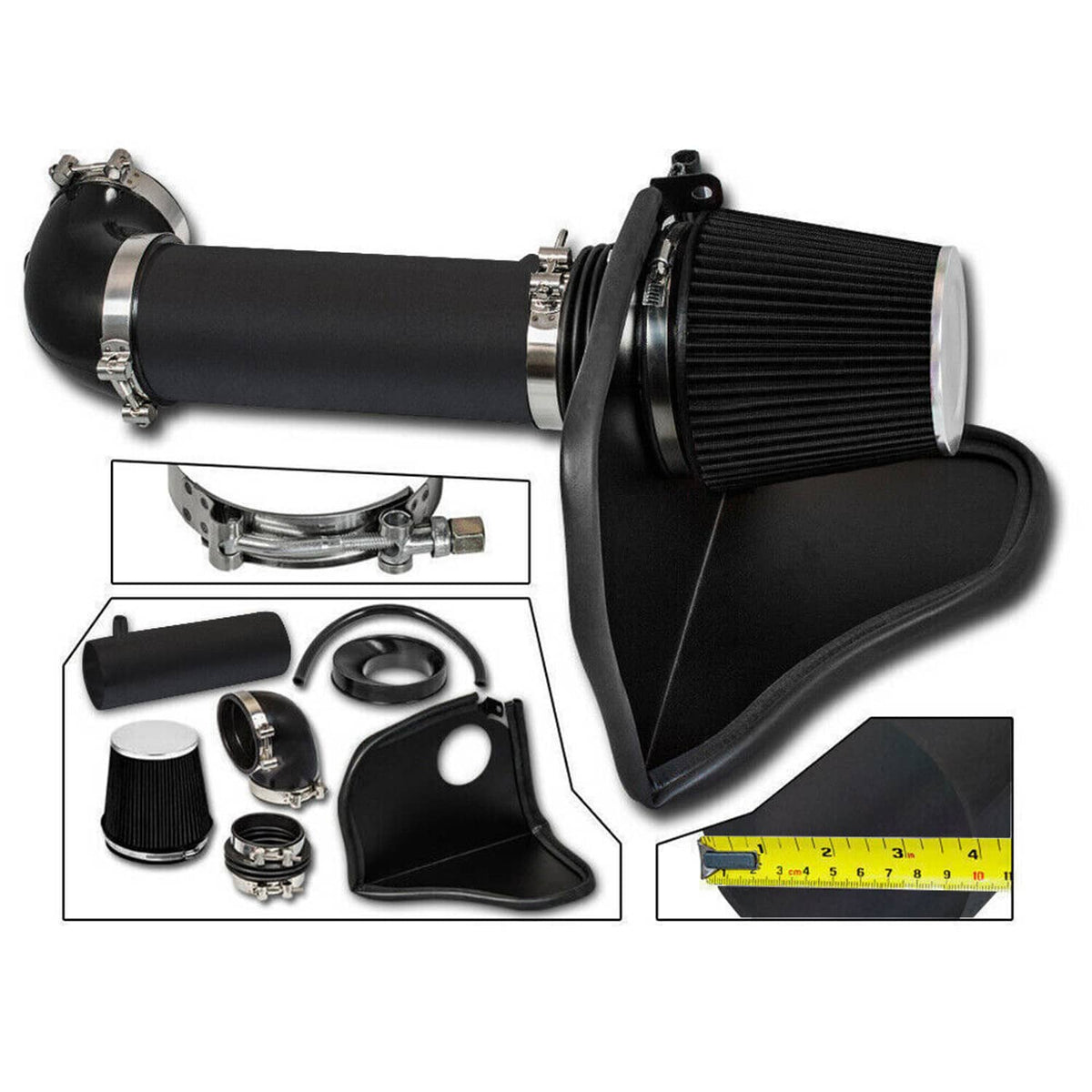 Cold air intake kit components with black heat shield, cone filter, and hoses