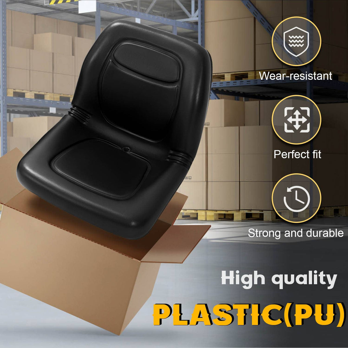 Black seat with molded backrest and cushioned base, packaged for shipping