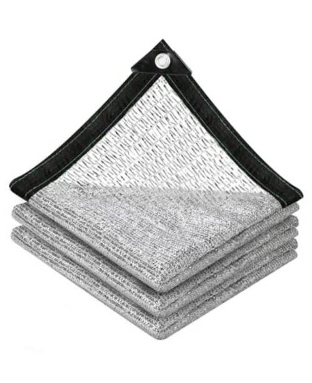 Reflective shade cloth with silver mesh panels, black corners, and metal grommet eyelets