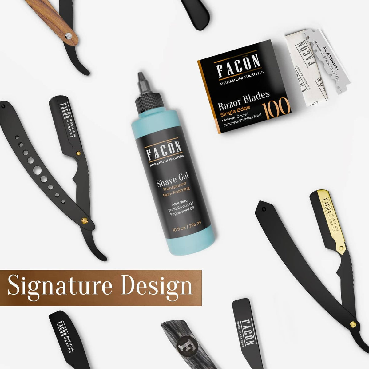 Shave gel bottle with multiple black razor blades and a blade cartridge pack.
