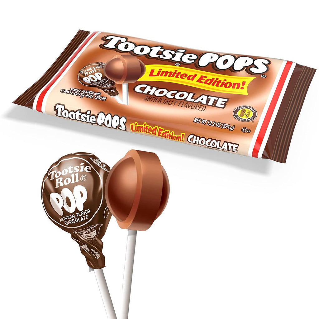 Limited edition chocolate Tootsie Pops candy pack with two wrapped lollipops