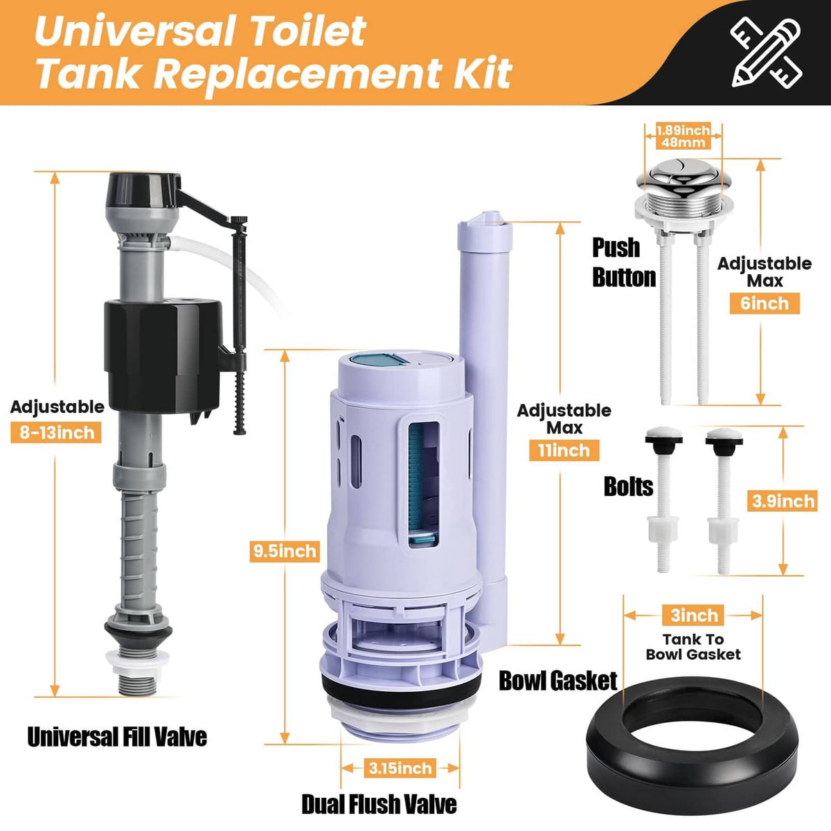 Universal dual flush valve replacement kit with adjustable fill valve and gasket