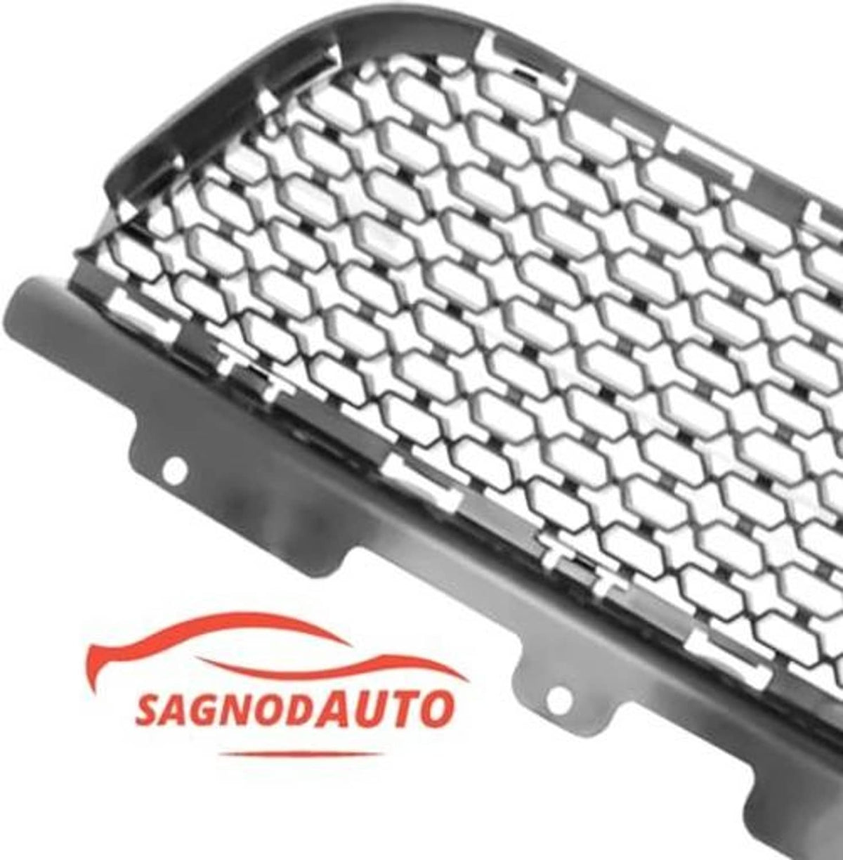 Close-up of black grille mesh insert with hex honeycomb pattern