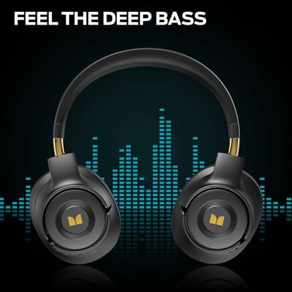 Pair of black over-ear headphones with gold accents and cushioned ear cups