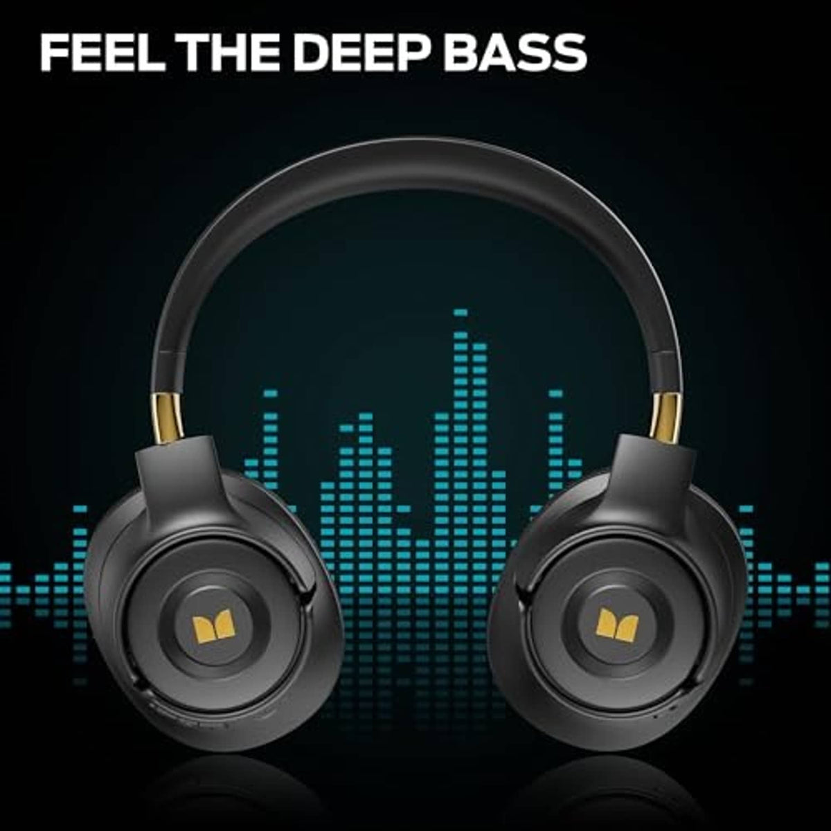 Pair of black over-ear headphones with gold accents and cushioned ear cups