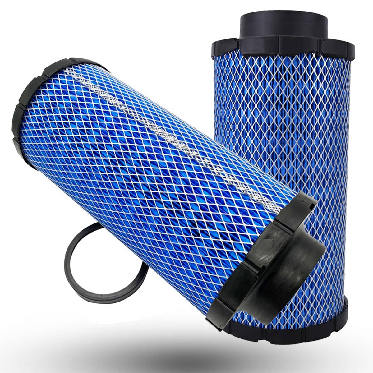Blue mesh air filter cartridge with black end caps and rubber seal