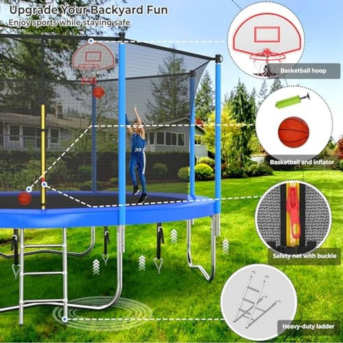 Blue trampoline with safety net and basketball hoop attachment with inflatable ball