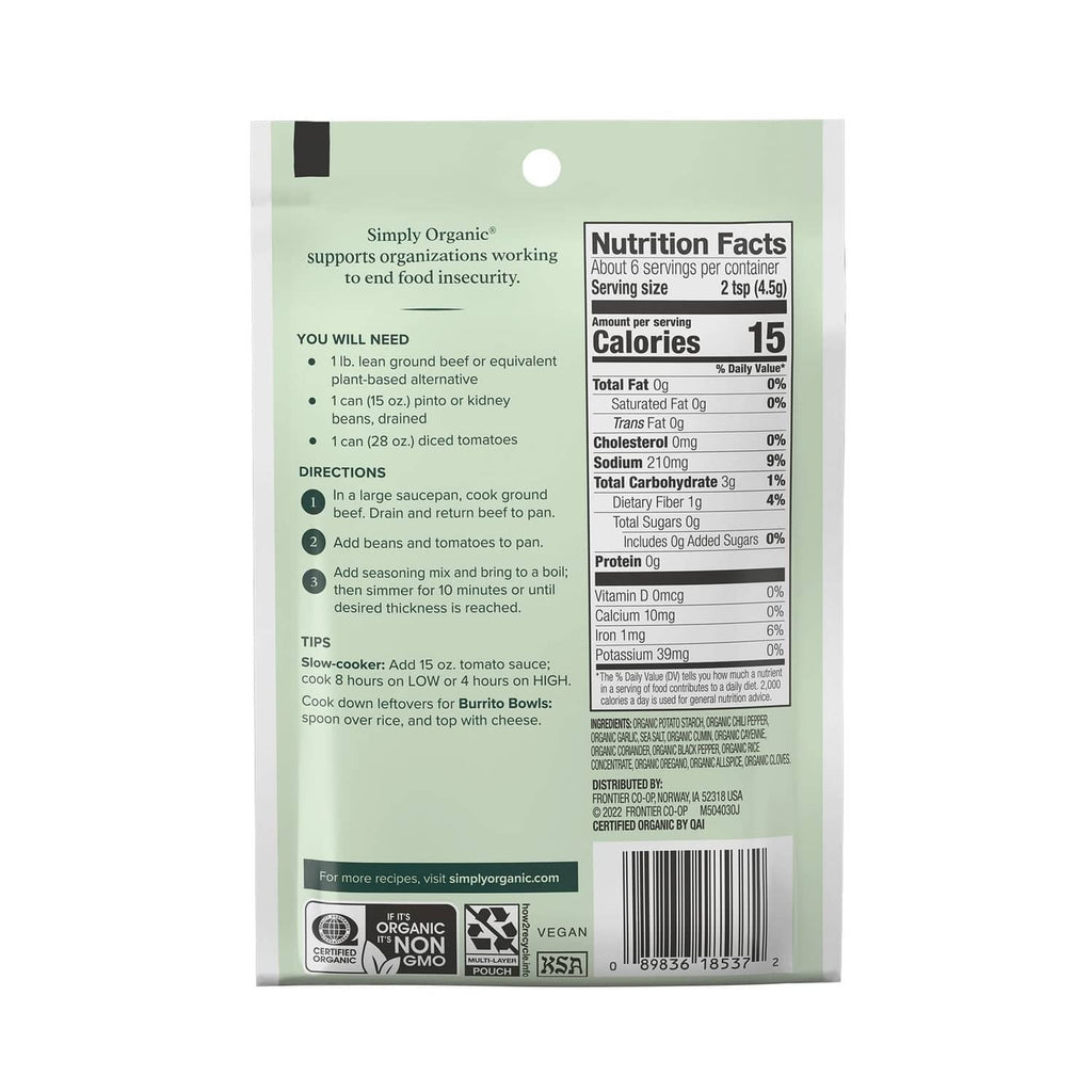 Simply Organic spicy chili seasoning mix pouch back with Nutrition Facts panel