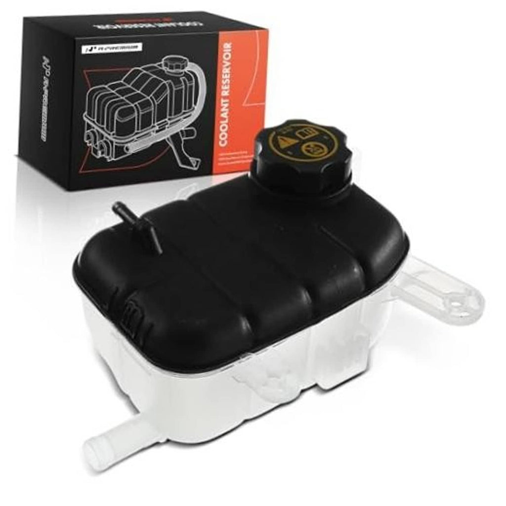 Engine coolant overflow recovery reservoir tank with black cap and clear outlet