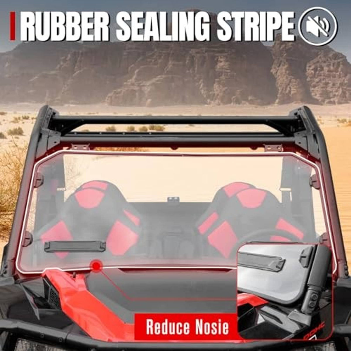 Full front windshield with rubber sealing strip, clear panel and black frame