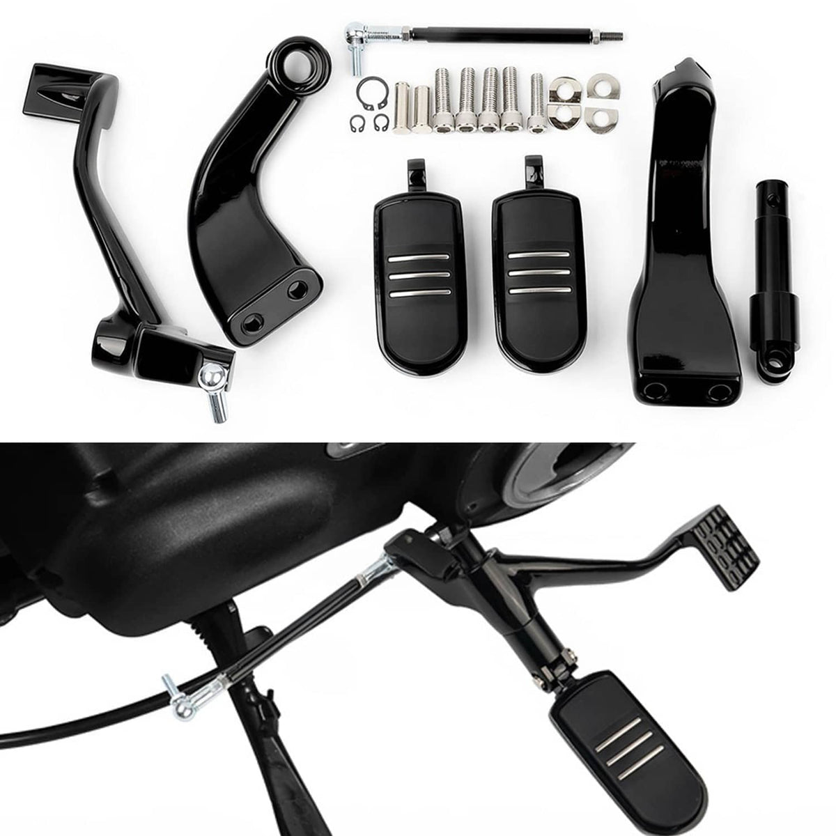 Black mid forward footpeg lever set with pedal pads, rods, and installation bolts
