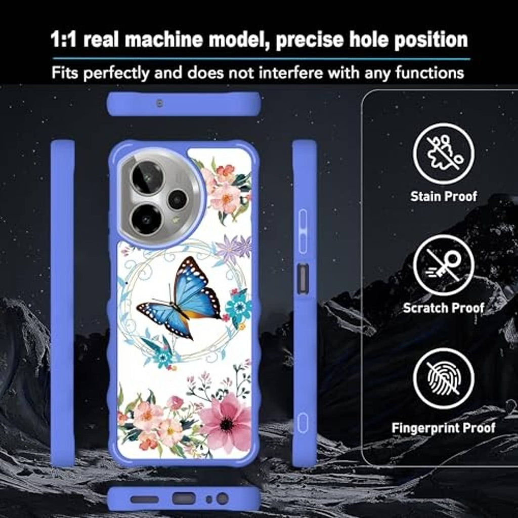 Blue floral butterfly phone case with reinforced sides and camera opening, shown centered