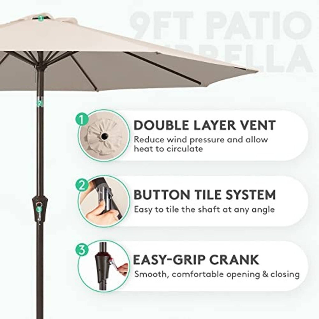 Beige patio umbrella canopy close-up with metal ribs and central pole