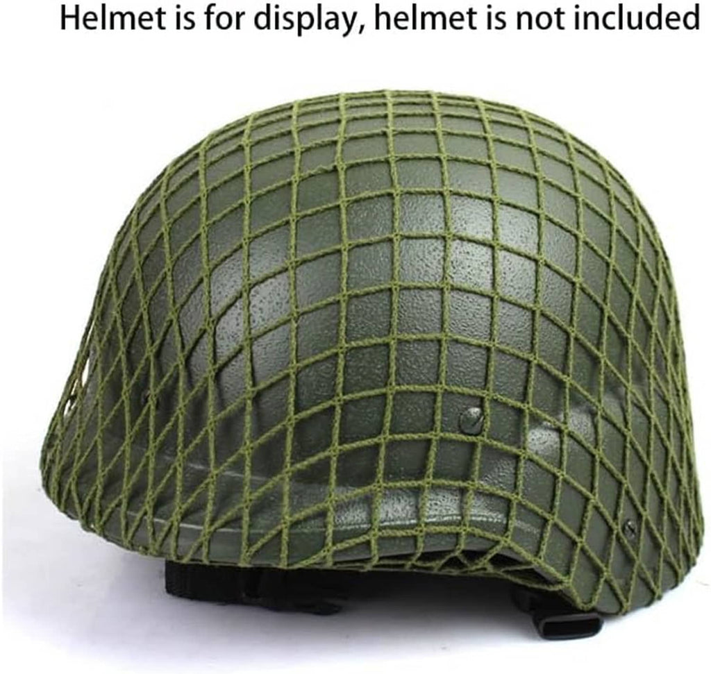 Olive green mesh helmet cover with grid pattern, side grommet, elastic base