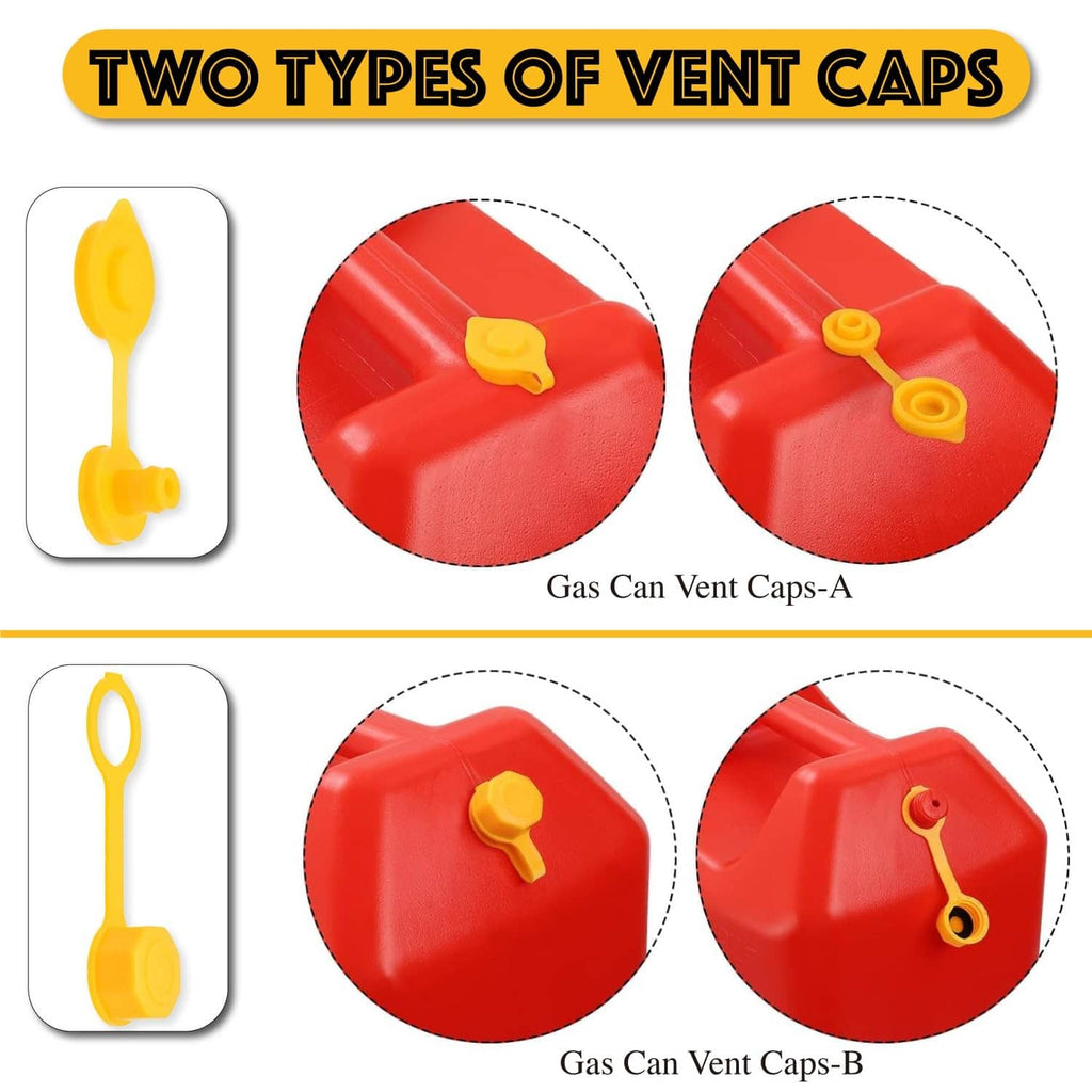 Yellow gas can vent caps A and B with looped handles for vent spout replacement