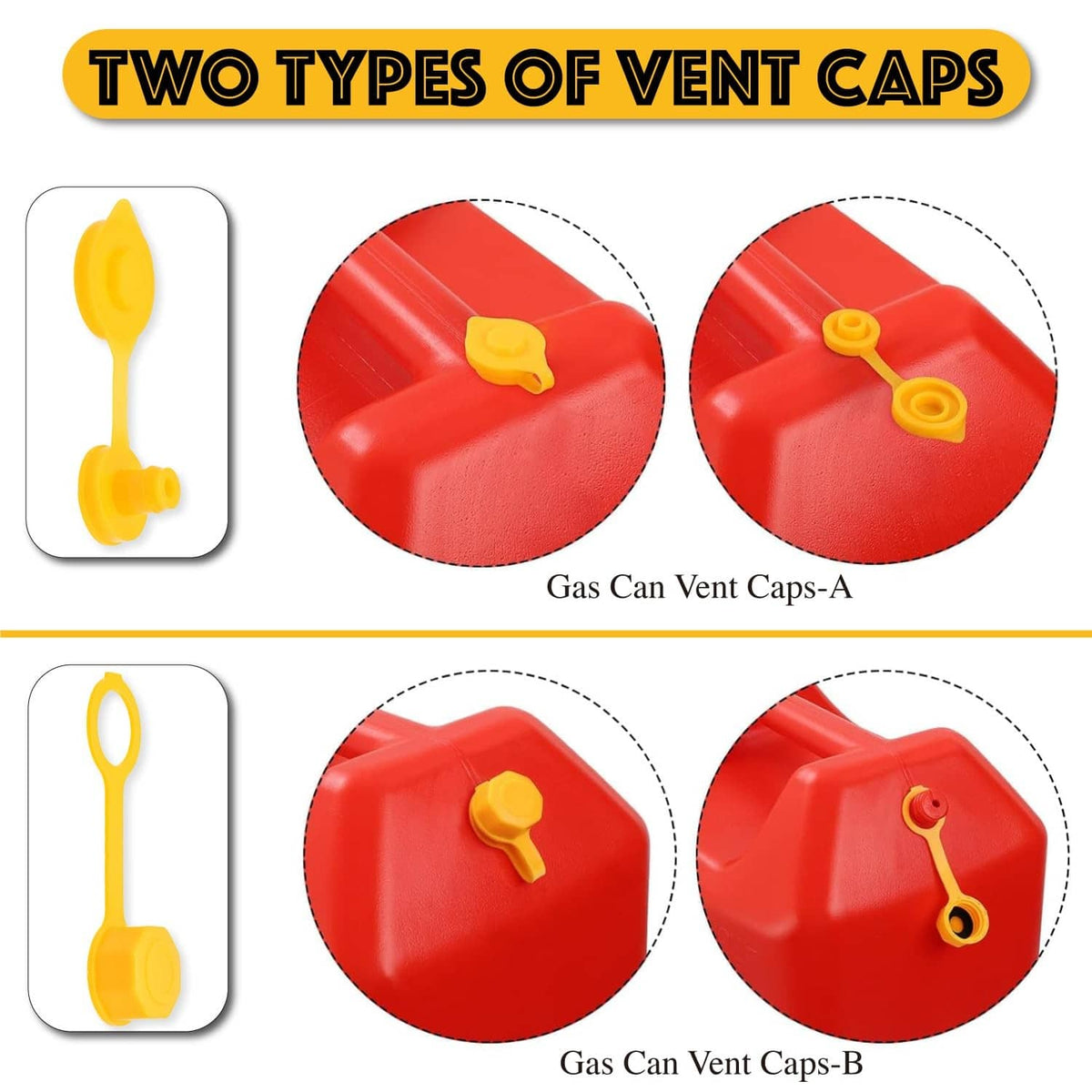 Yellow gas can vent caps A and B with looped handles for vent spout replacement