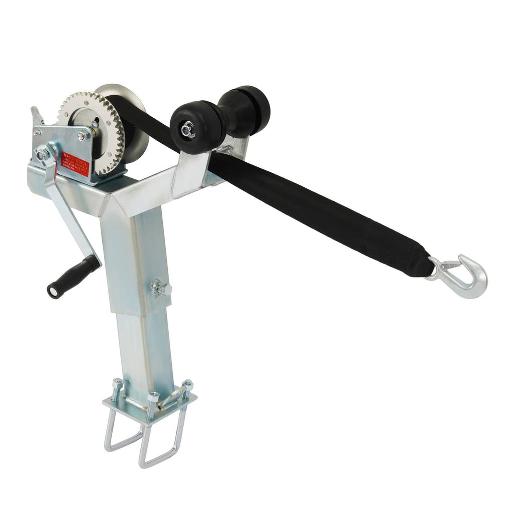 Adjustable winch post stand with black roller and crank handle for boat trailers