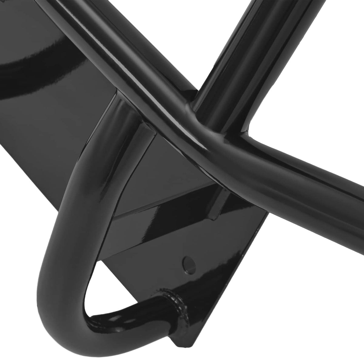 Close-up of glossy black bumper brush guard curved bar and mounting plate