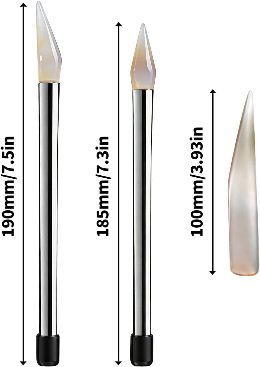 Three agate polishing knife tools with stainless shafts and black end caps, varied sizes