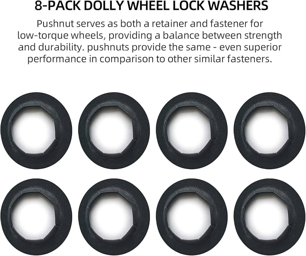 8-pack of black push-on pushnut lock washers with central openings, shown laid out