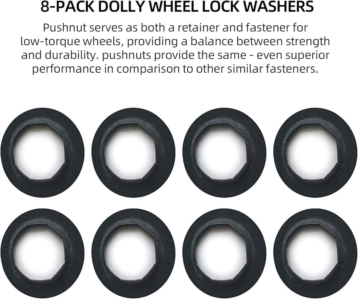 8-pack of black push-on pushnut lock washers with central openings, shown laid out