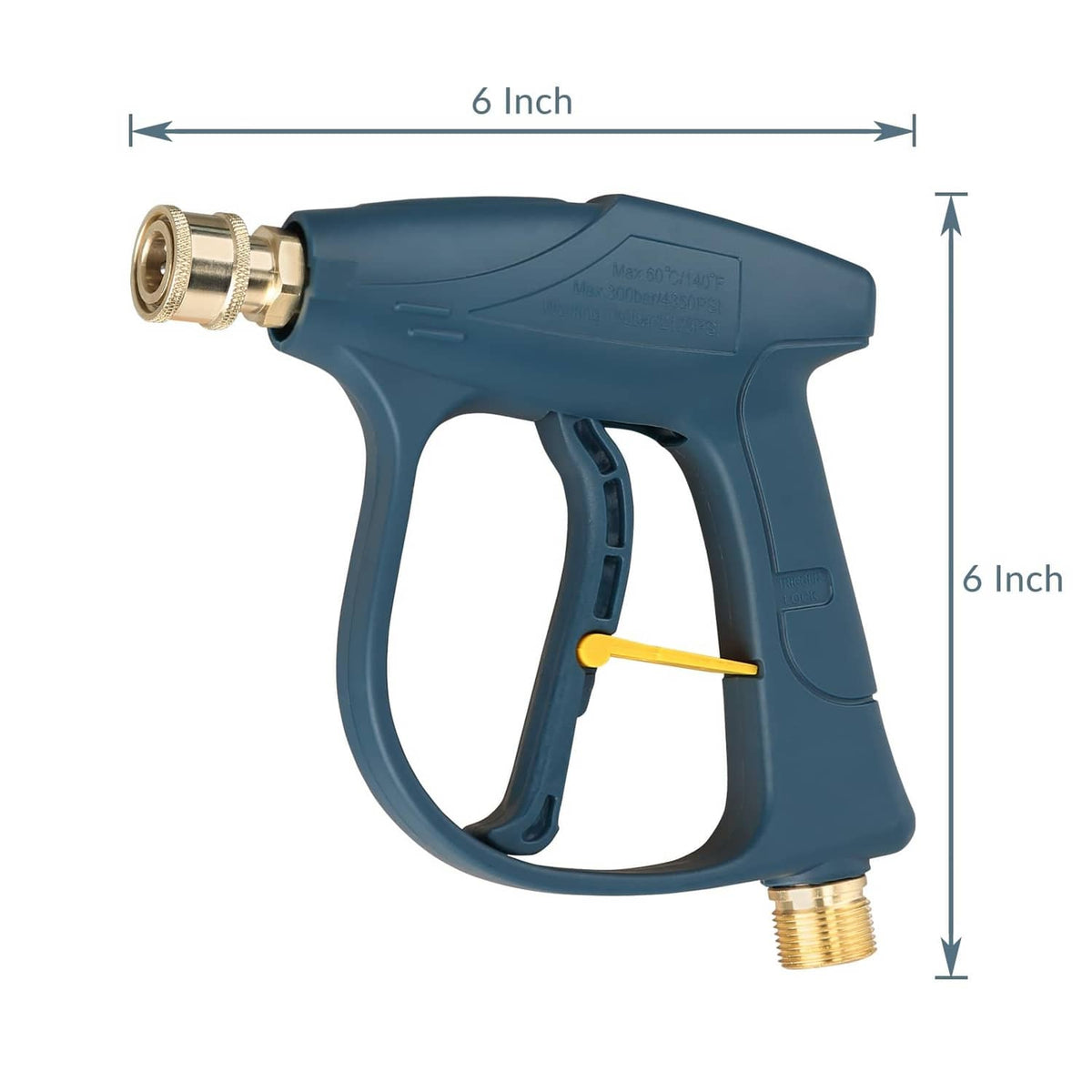 High-pressure washer gun with brass quick-connect and threaded inlet, blue-green body