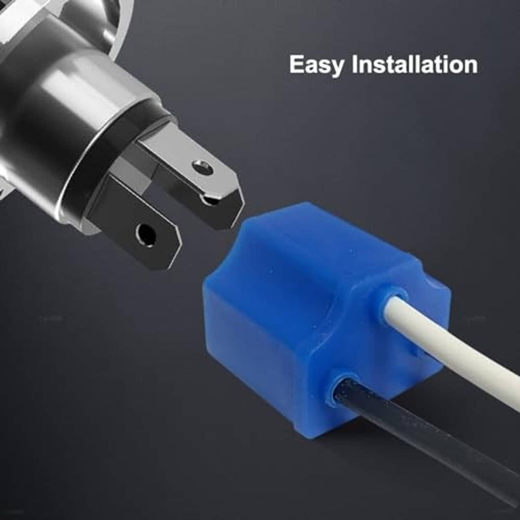 H4 female plug connector with blue housing and two-wire pigtail for easy fit