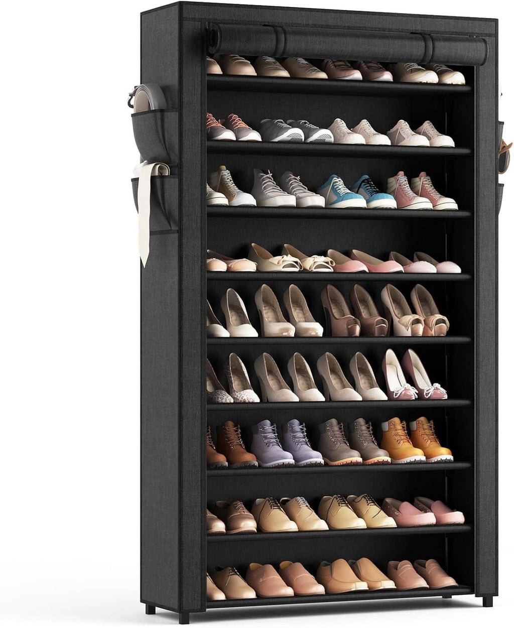 Tall 10-tier shoe rack with fabric cover, front view with assorted shoes, black frame
