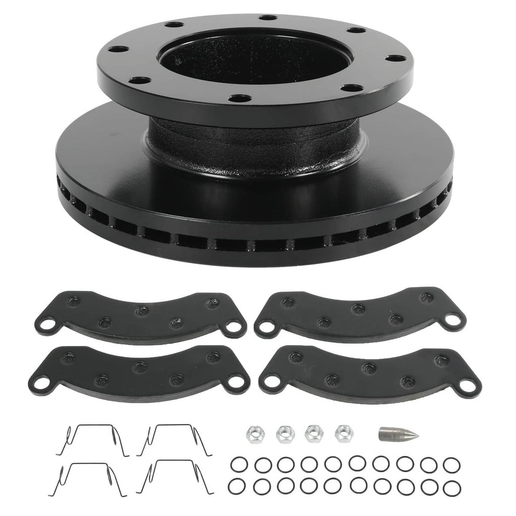Trailer disc brake rotor with dark brake pads and mounting hardware set