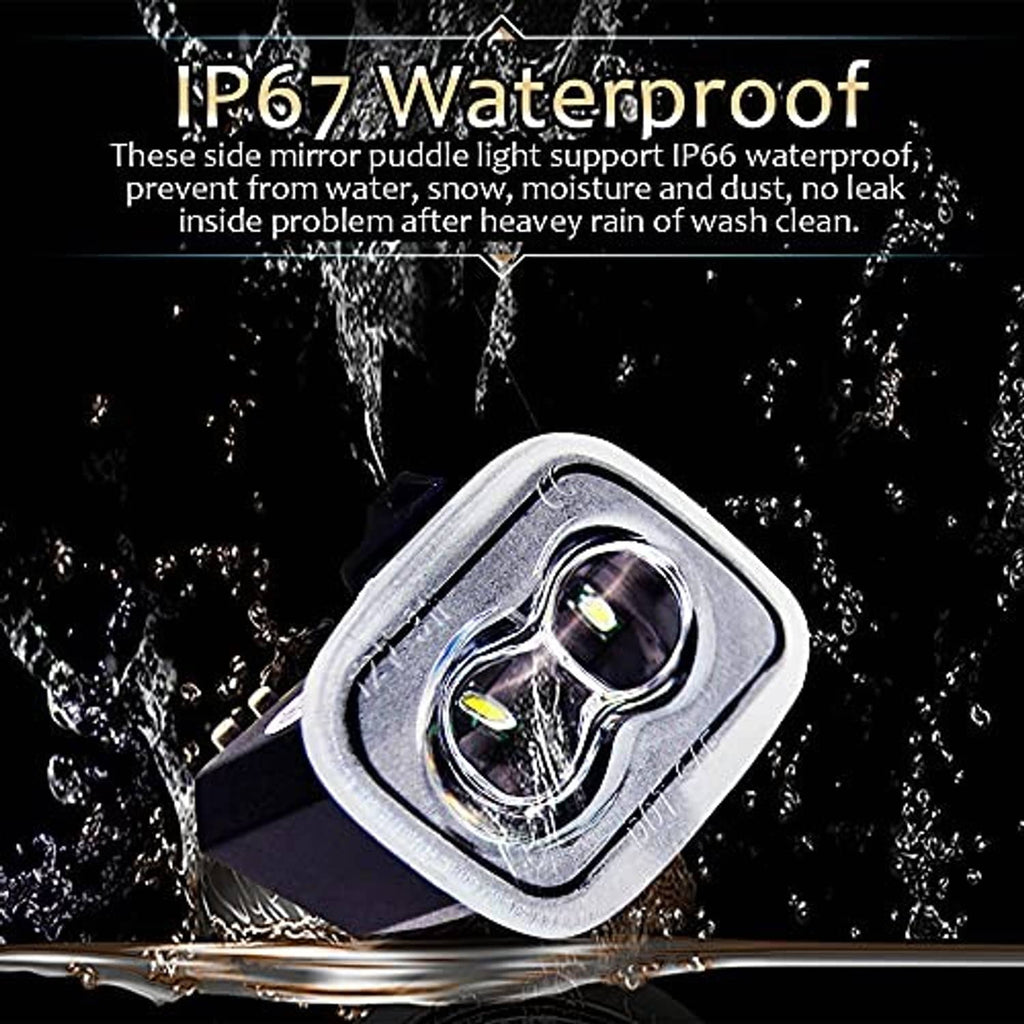 Waterproof LED side mirror puddle light with chrome lens and visible mounting bracket