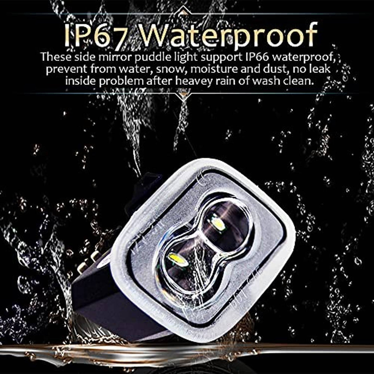 Waterproof LED side mirror puddle light with chrome lens and visible mounting bracket