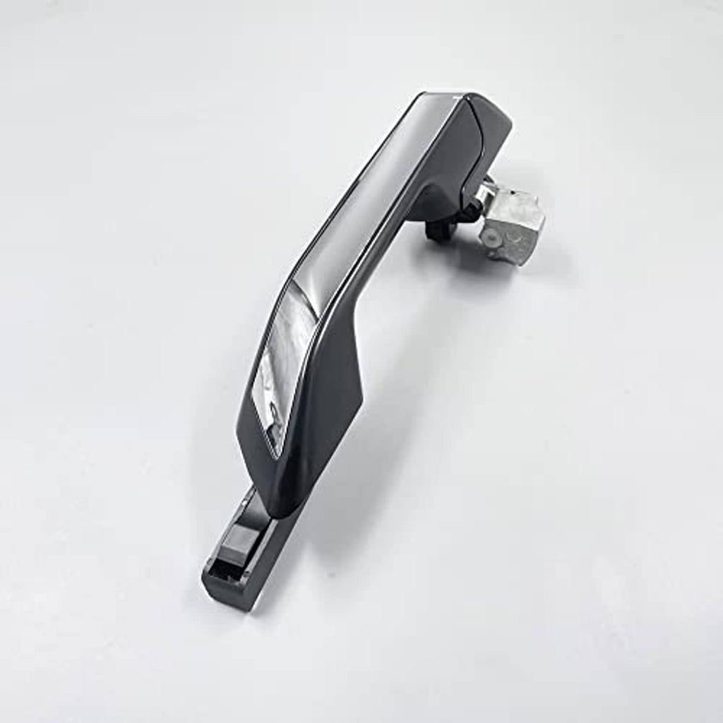 Exterior door handle side view with chrome trim, black pad, and metal mounting