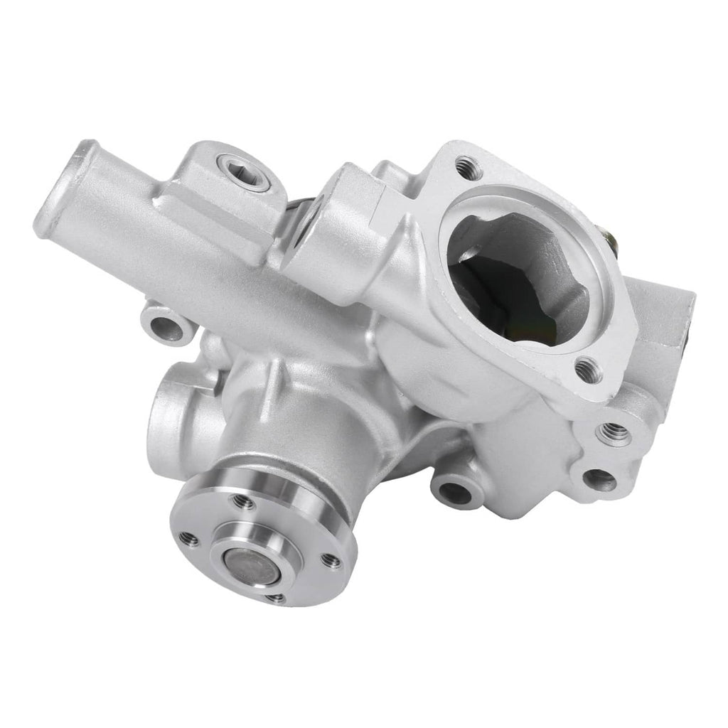 Side view of engine water pump with silver cast housing and outlet neck