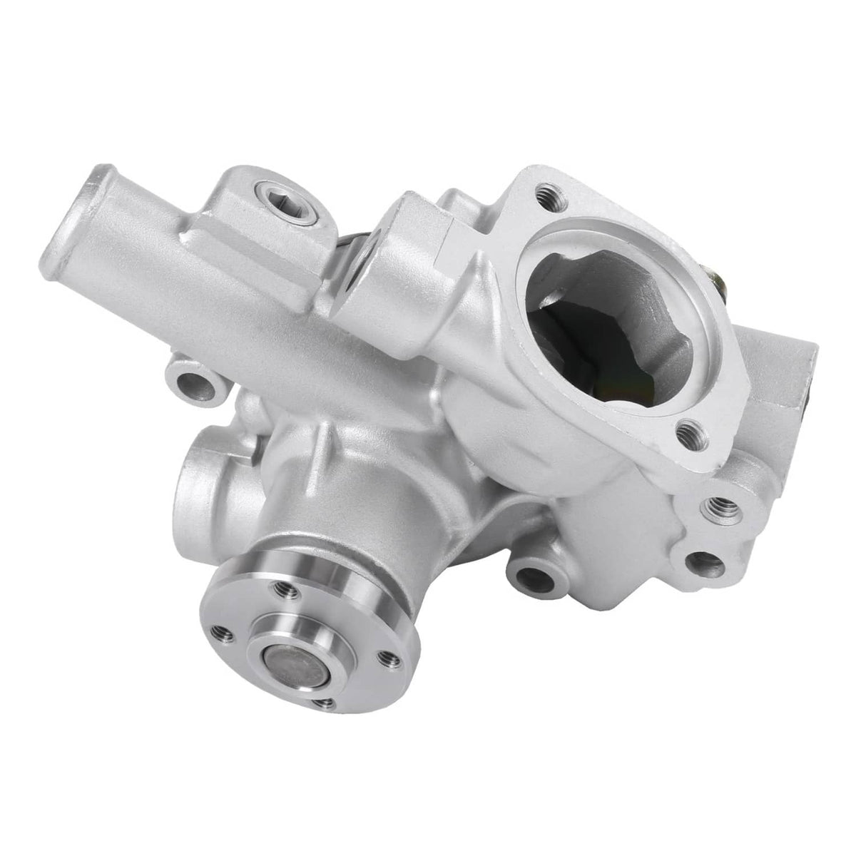 Side view of engine water pump with silver cast housing and outlet neck
