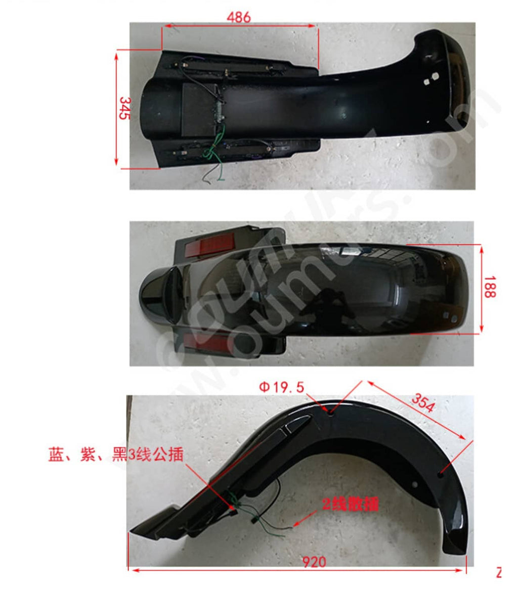 Rear fender part diagram with mounting area and overall dimensions