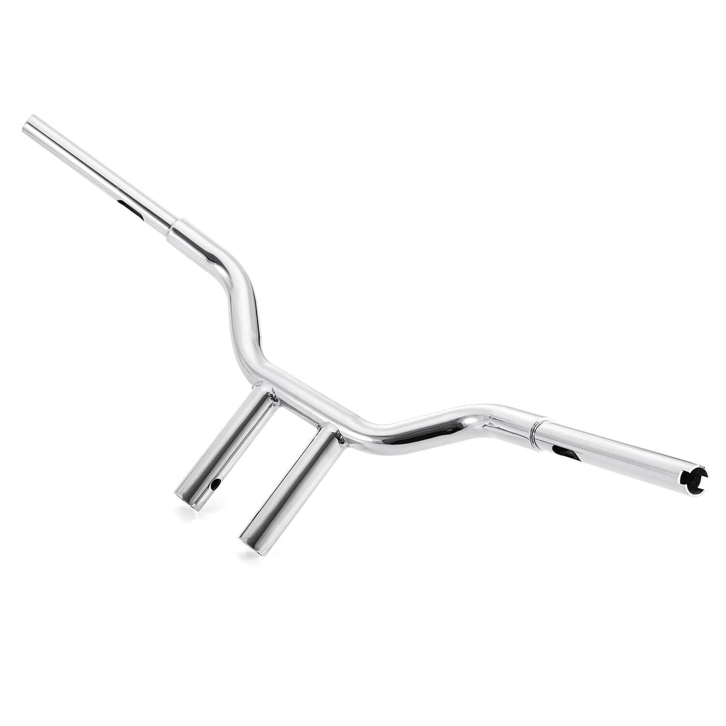 Chrome 10-inch MX T-bar handlebar, rear angle view with tubular mounting supports