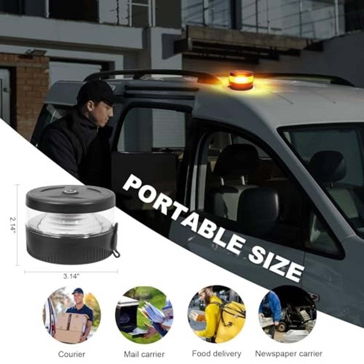 Portable black magnetic LED strobe beacon light on vehicle roof