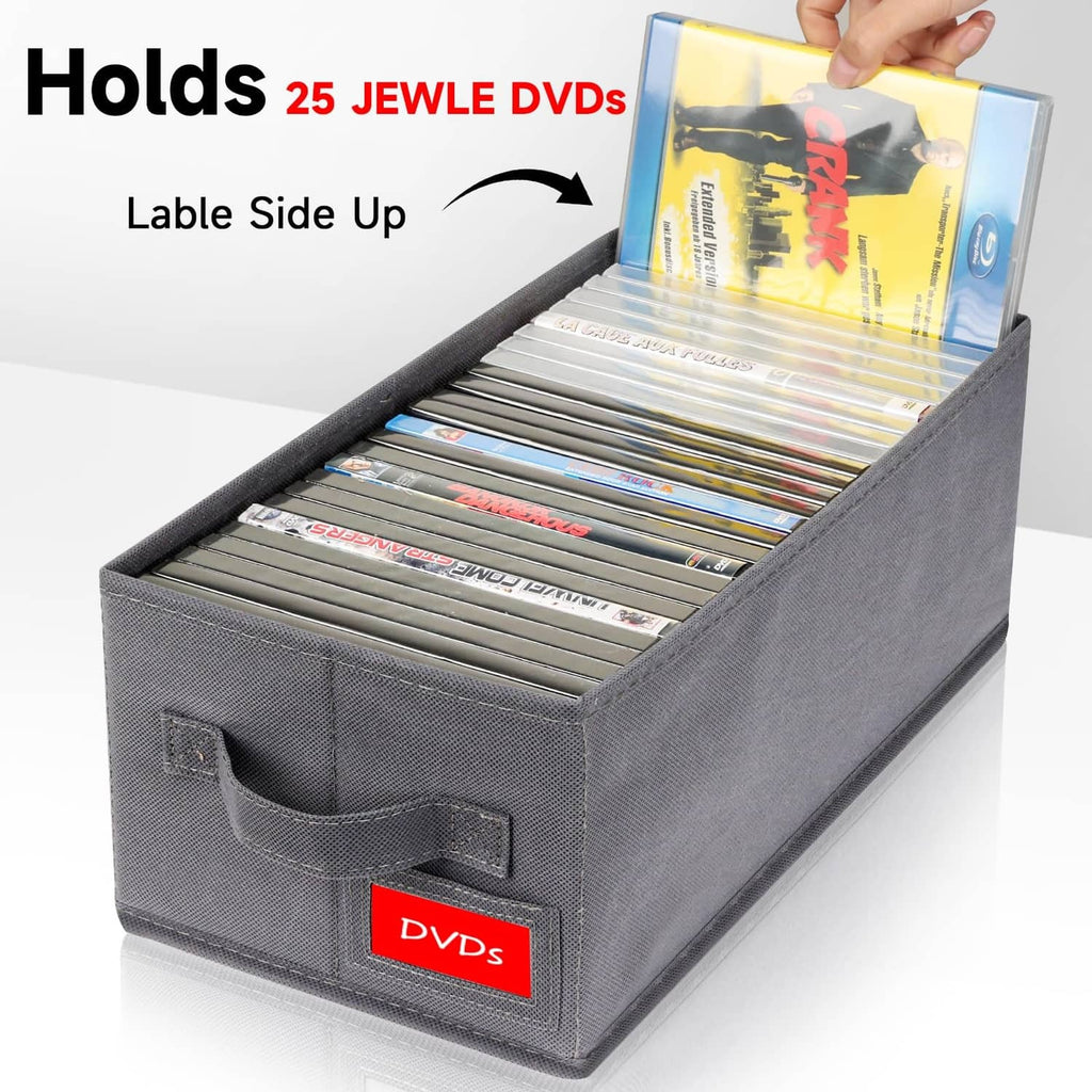 Grey fabric DVD storage box, open lid with disc tray for stacked DVDs
