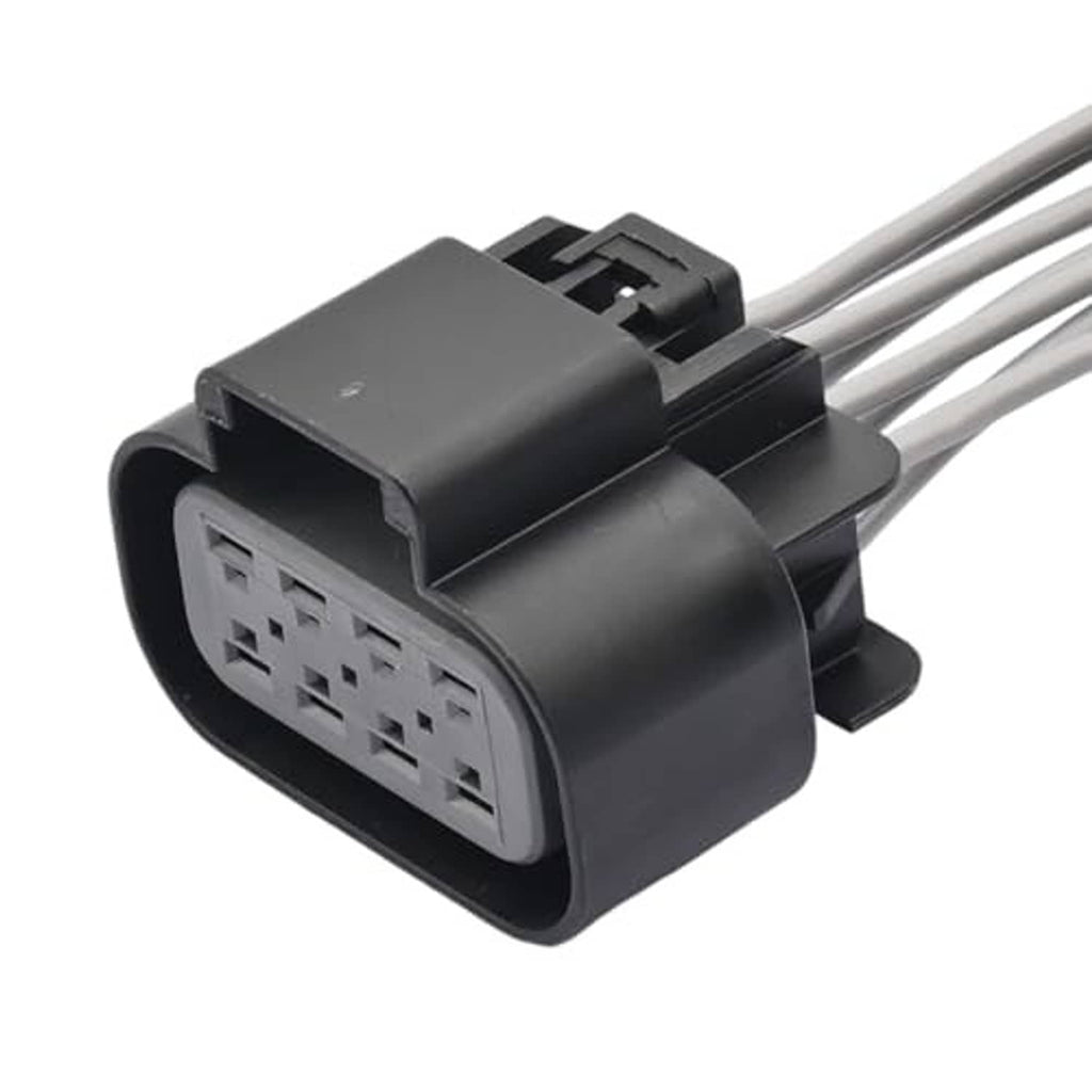 Electrical connector plug with black housing, grey multi-pin socket, attached gray wires