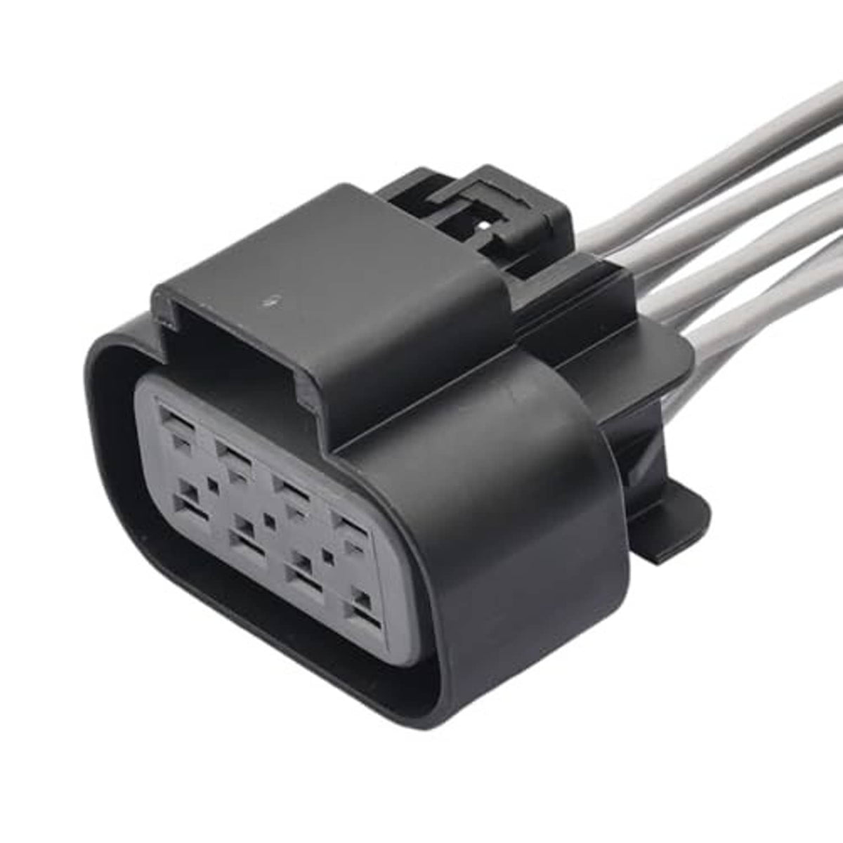 Electrical connector plug with black housing, grey multi-pin socket, attached gray wires