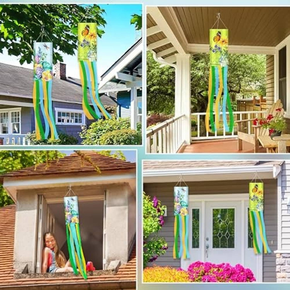 Two hanging butterfly windsocks with multicolor striped streamers on a porch