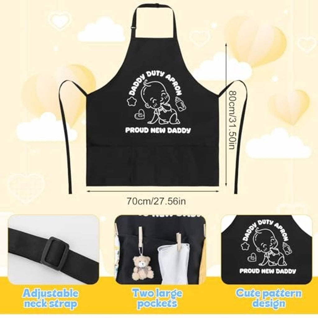 Black adjustable dad apron with two large front pockets and printed doodle logo