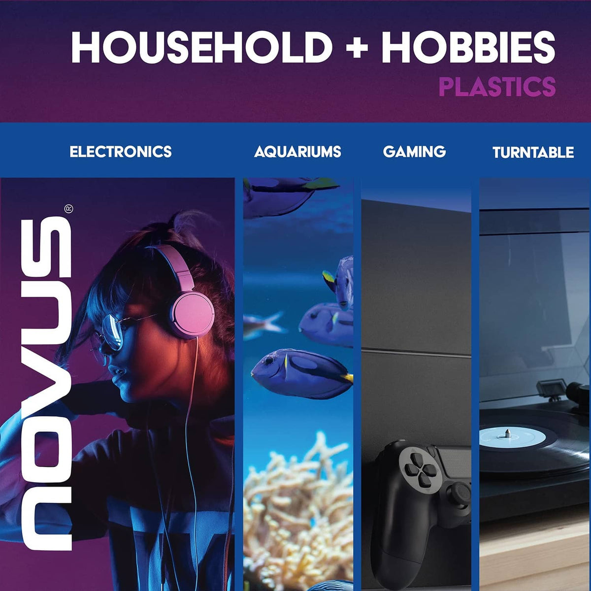 Household and hobbies plastics graphic with usage categories: electronics, aquariums, gaming, turntable