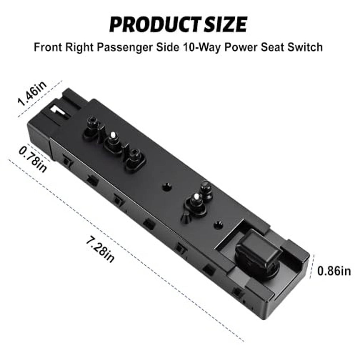 10-way power seat switch with rocker buttons, mounting tab, and control layout