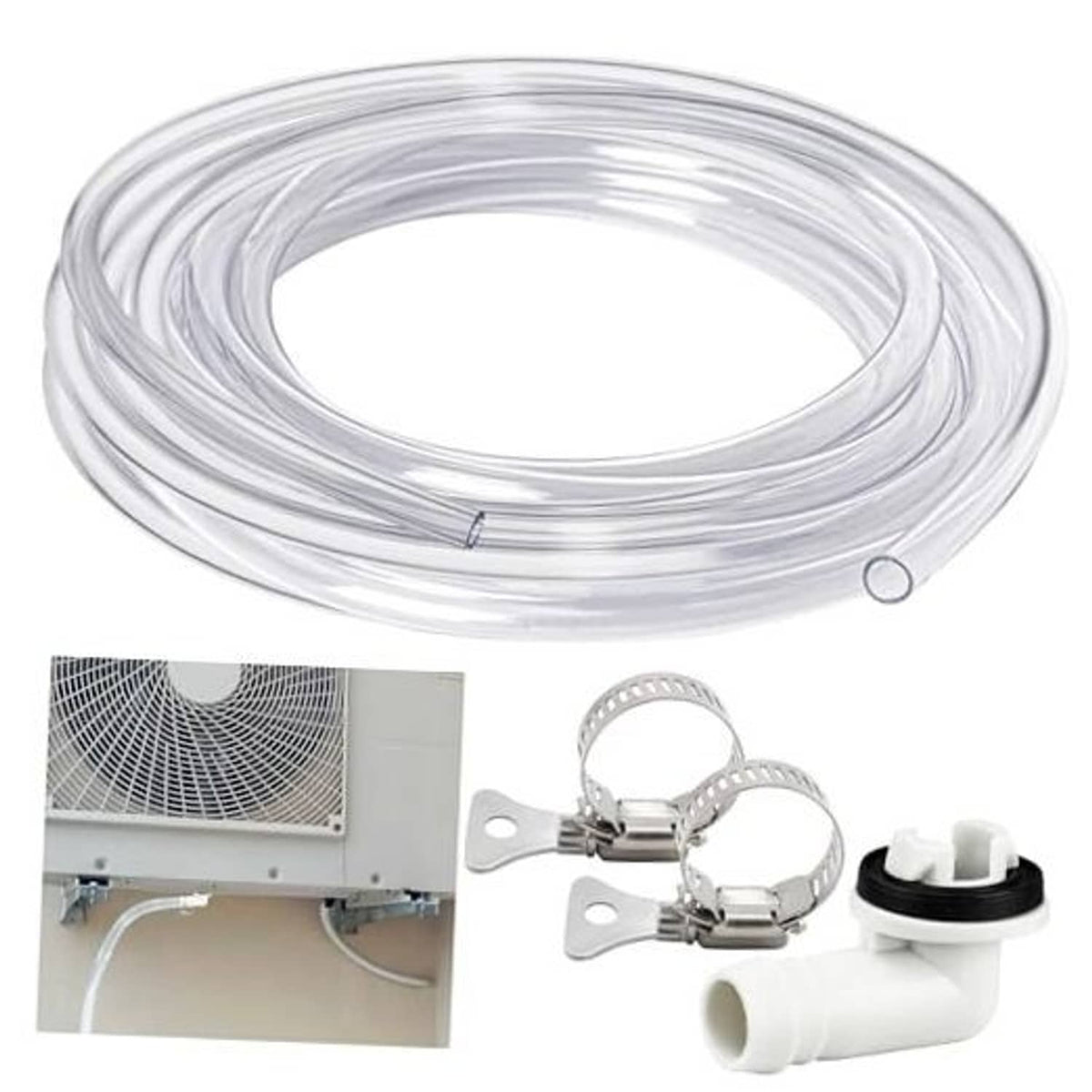 10 ft air conditioner drain hose set with white PVC pipe and metal hose clamps