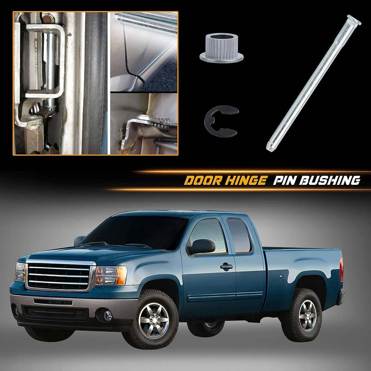 Door hinge pin bushing repair kit with steel pins and clips, shown with vehicle context