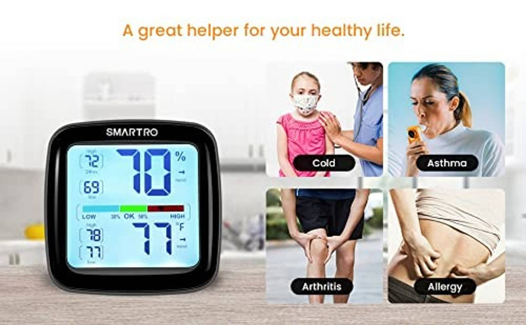 Black digital hygrometer with LCD showing humidity percent and indoor temperature in °F