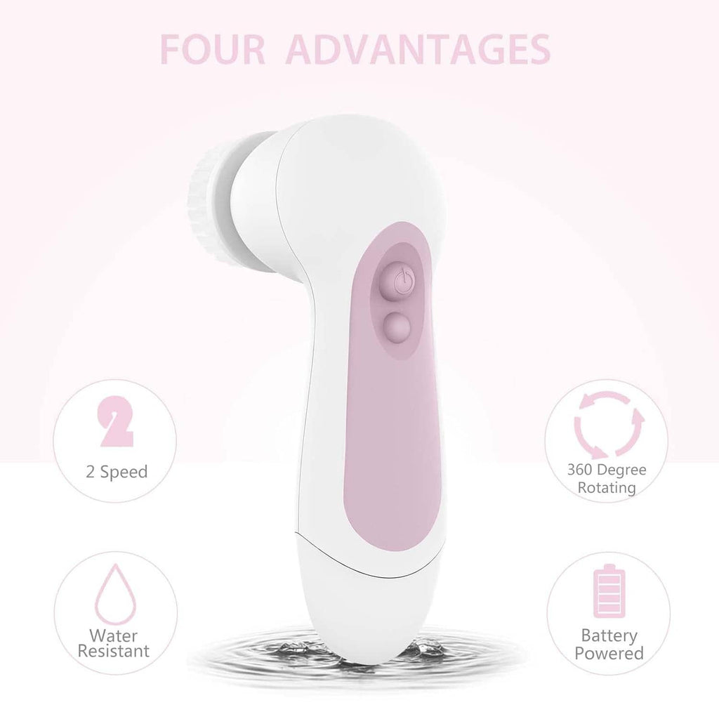 Waterproof facial cleansing spin brush with purple handle, shown in side view