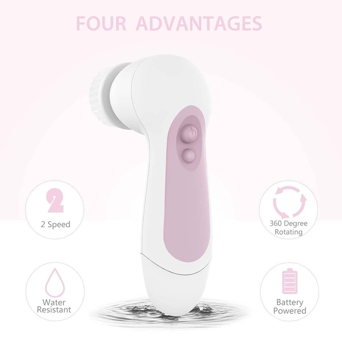 Waterproof facial cleansing spin brush with purple handle, shown in side view