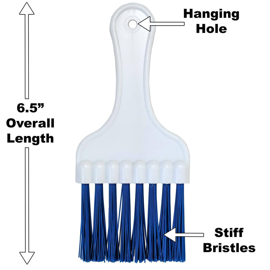 Coil cleaning brush with white handle, hanging hole, and blue stiff bristles